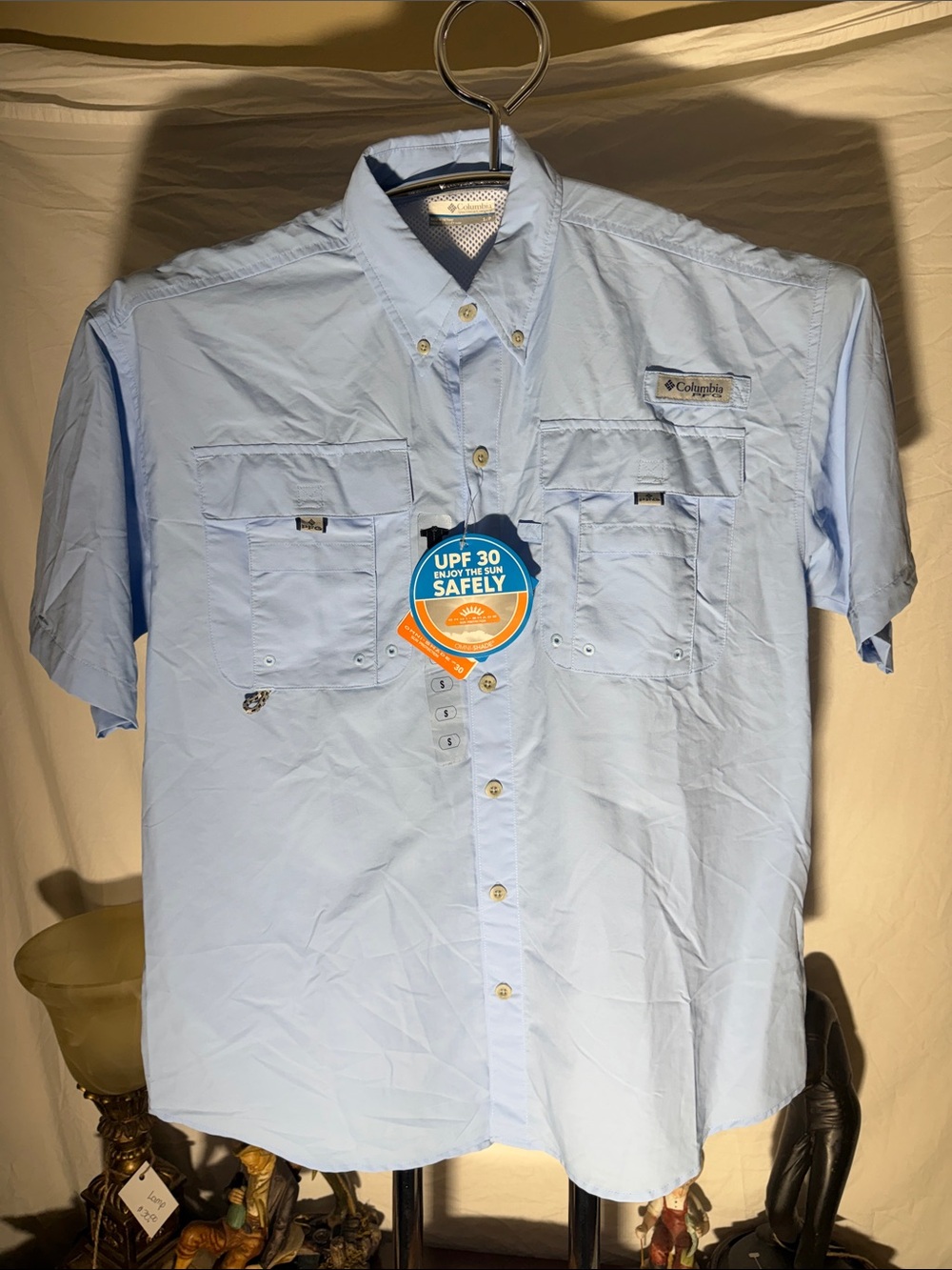 Columbia Light Blue Short-Sleeve Button-Down Fishing Shirt